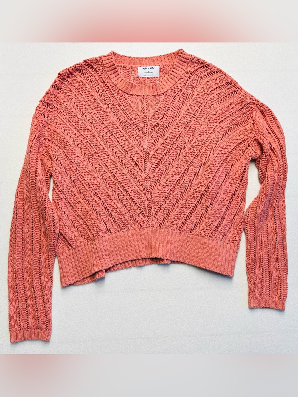 Old Navy Women’s S Coral Open Knit Crochet Cropped Sweater Pullover